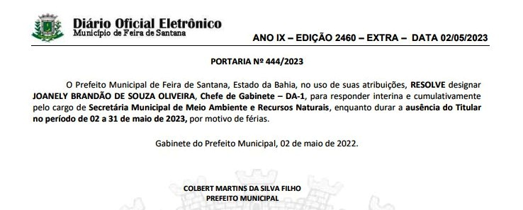 Chefe de gabinete assume temporariamente a Secretaria de Meio Ambiente de Feira de Santana