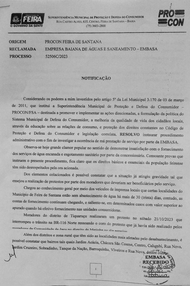 voltar Procon notifica Embasa