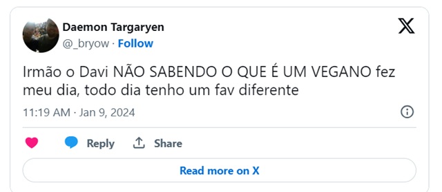 repercussão no twitter X fala sobre veganismo no BBB