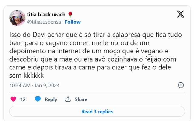 repercussão no twitter X fala sobre veganismo no BBB