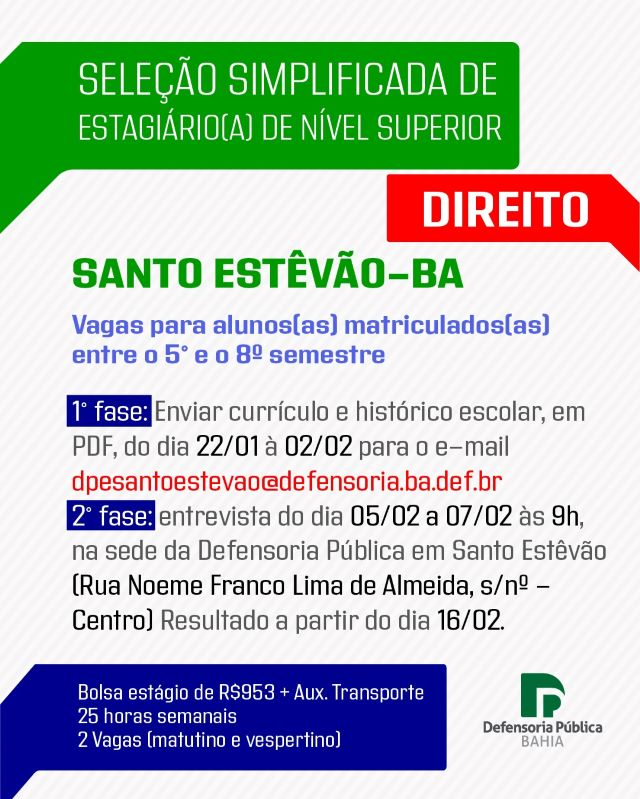 cartaz de estágio de direito defensoria pública de santo estevão